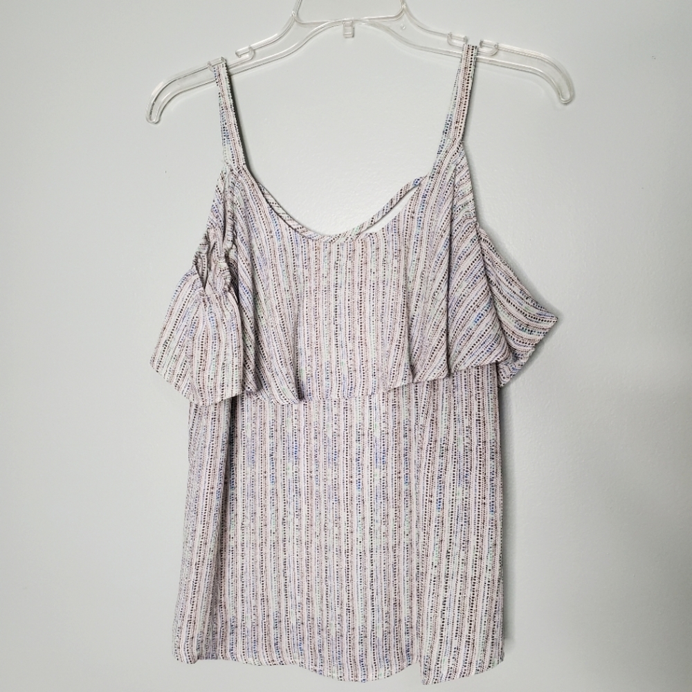 Apt. 9 White and Light Blue Striped Ruffle Cold-Shoulder Tank